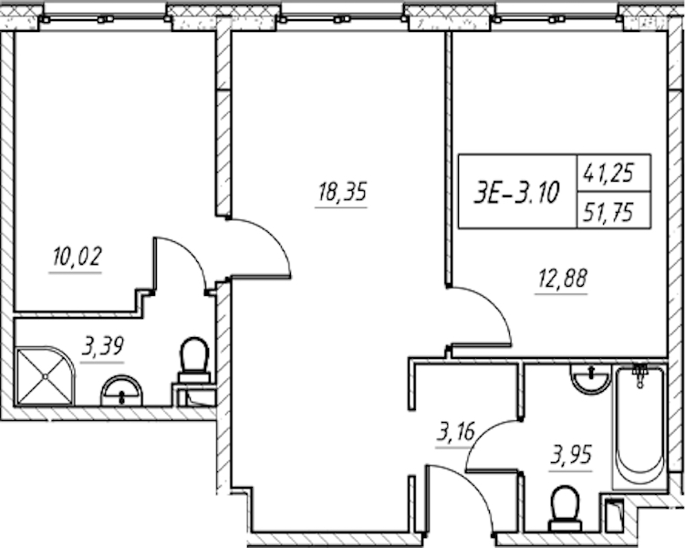 2-комнатная квартира 51.75 м², 2/11 эт., Комплекс апартаментов «Zoom на Неве»
